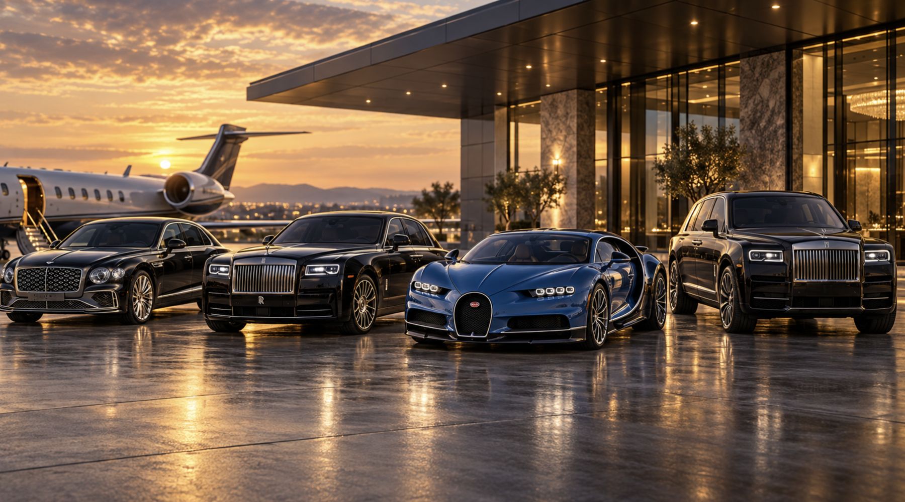 Crimson Series vehicles lined up on the ramp beside a private jet at dusk